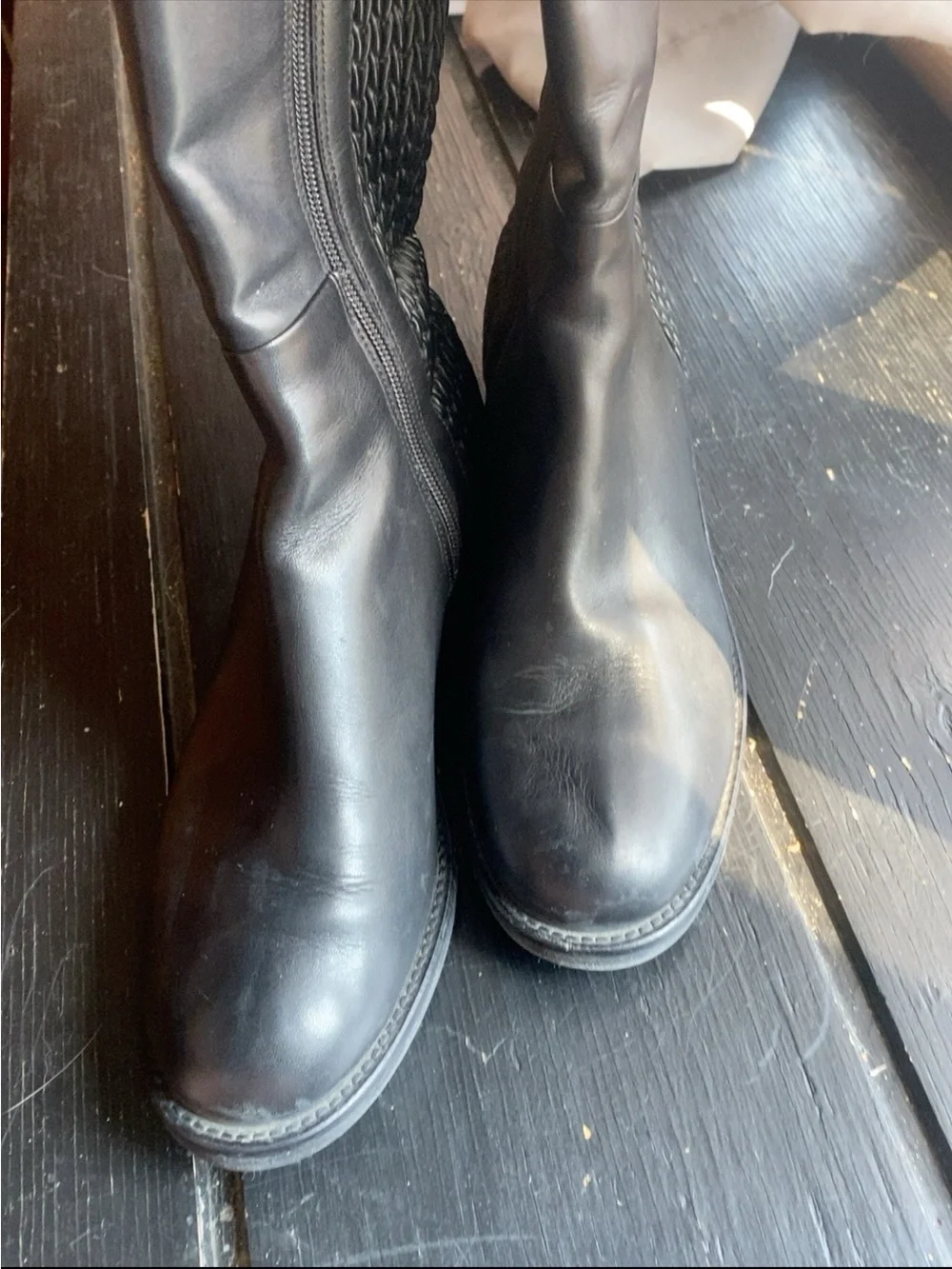 Cole Haan Black Leather Over-the-Knee Riding Boots with Woven Stretch Panels